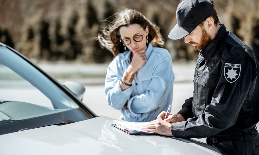 Policeman with female driver near her car