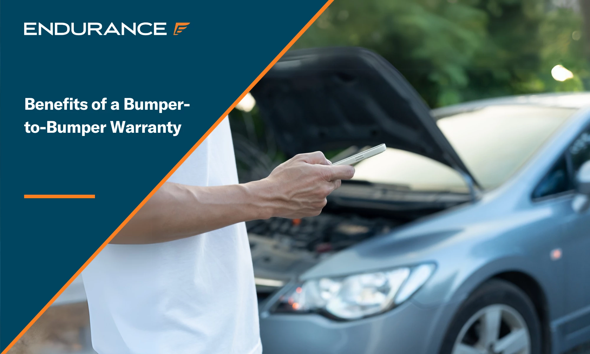 Man using cell phone after his car broke down and the hood is open