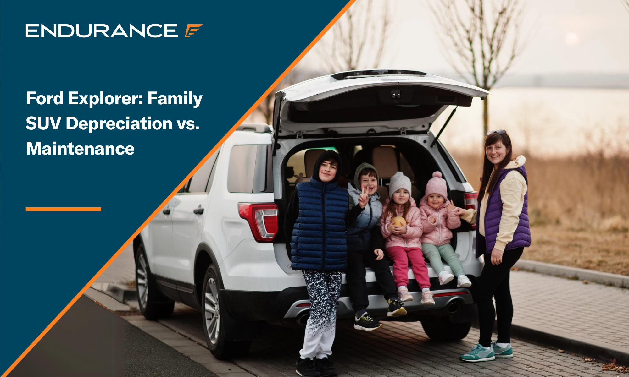 Mother with four kids sitting in the trunk of a big SUV