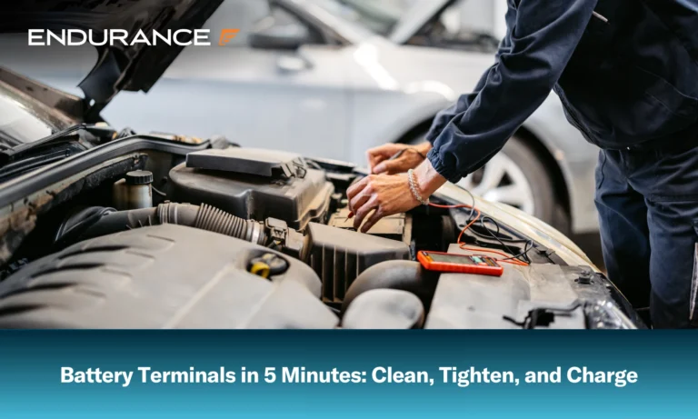 Car mechanic checking voltage on a vehicle battery
