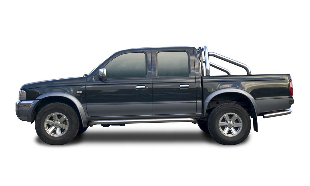 Side view of a blue Ford truck