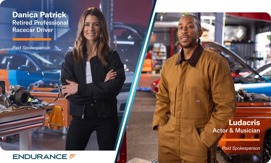 Los portavoces de Endurance, Danica Patrick y Ludacris, en el taller de un mecánico.