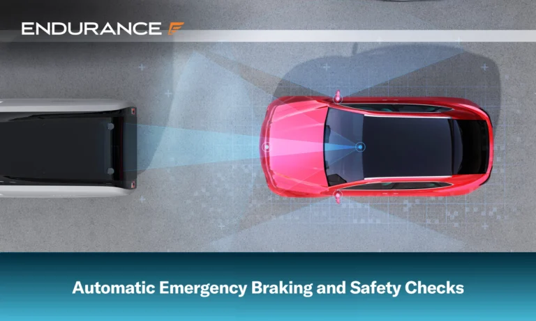 Aerial view of red SUV emergency braking to avoid car crash