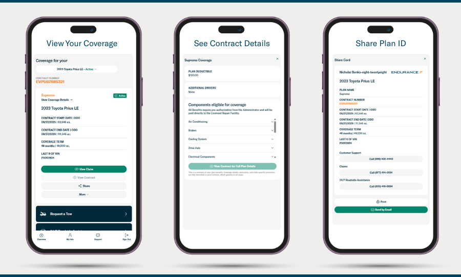 Mobile phones showing the Endurance customer portal features
