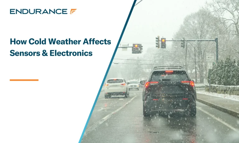 Vehicle driving on an urban street during a snowy day