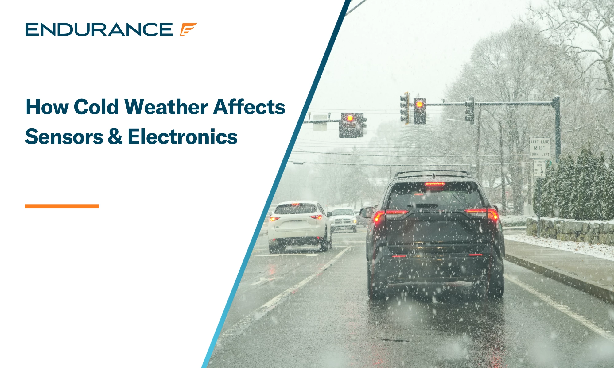 Vehicle driving on an urban street during a snowy day