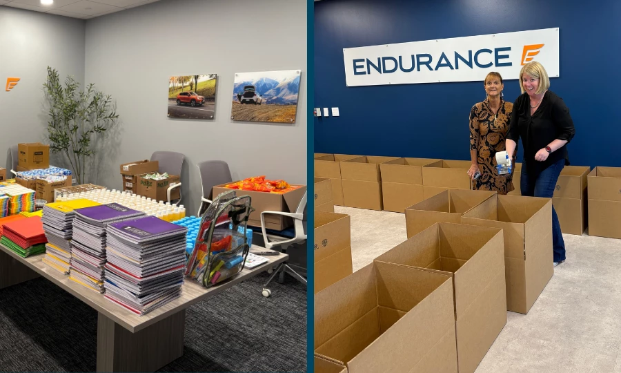 Supplies for donating charity backpacks to children and packing boxes