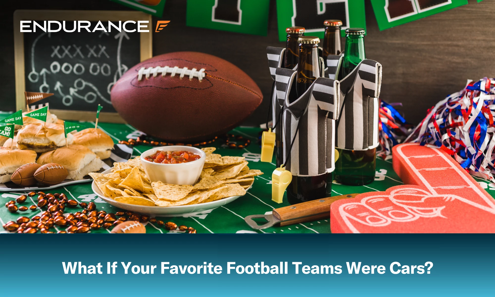 Game day football party table with bottled drinks, chips and salsa