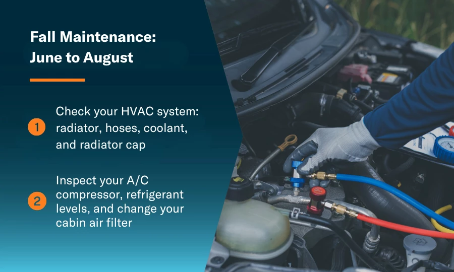 Fall maintenance and a technician checking a car's AC system