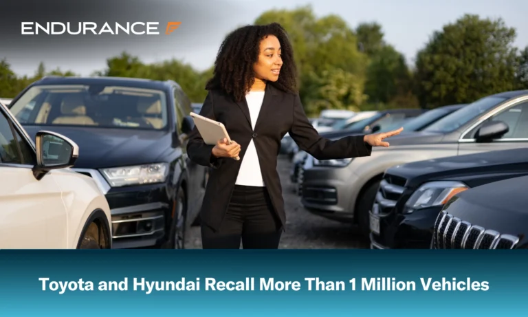 A woman points to a vehicle in a car lot while holding a tablet