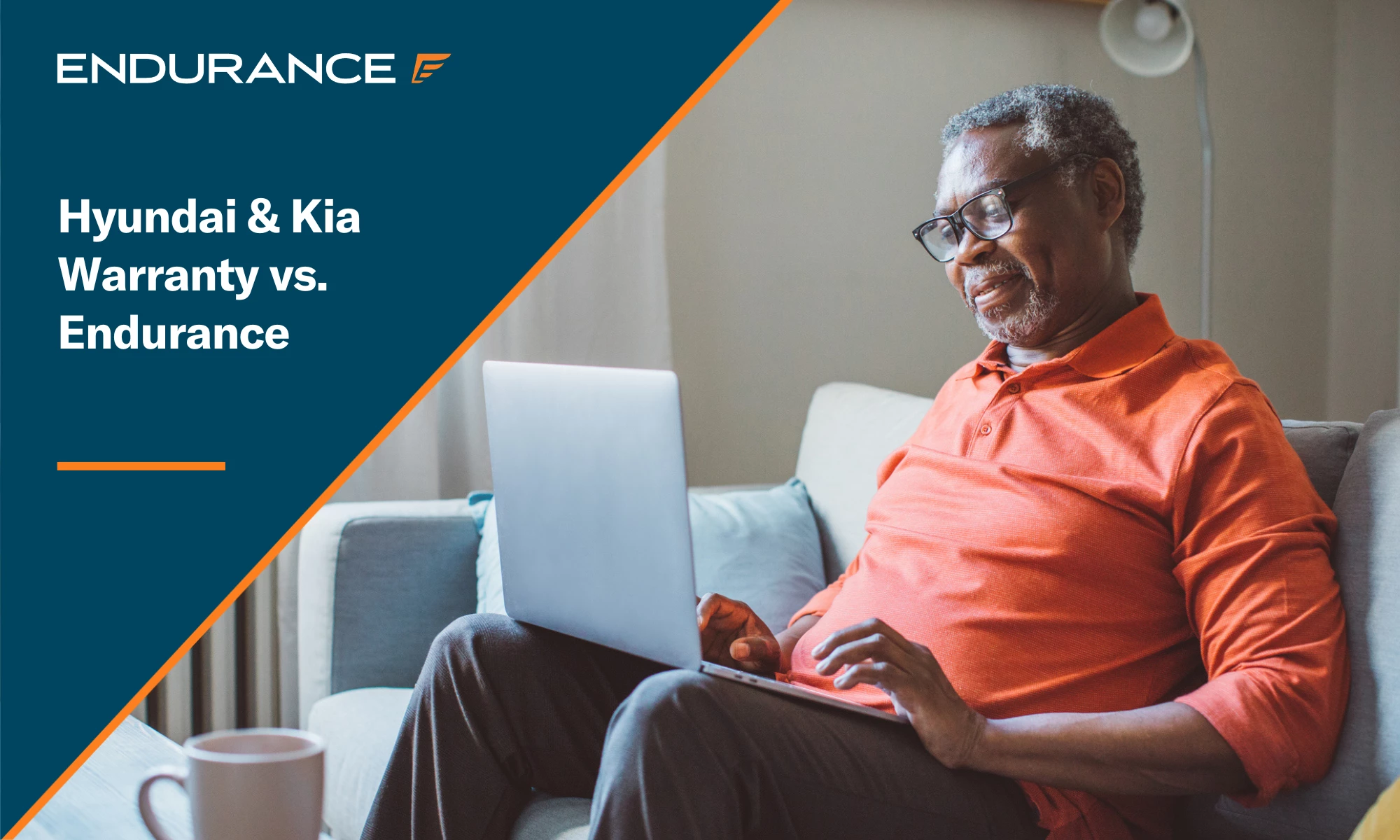 Older man at home, sitting on sofa and using laptop to compare coverage