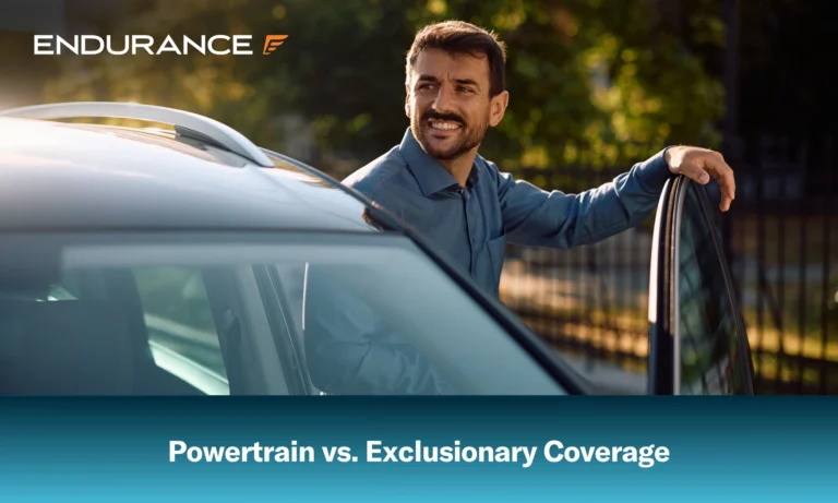 Happy businessman getting into his car, differences in powertrain and exclusionary extended warranties