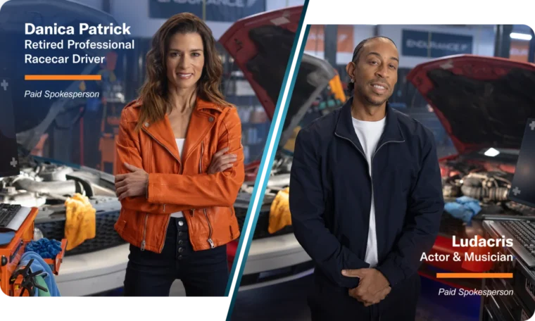 Danica Patrick and Ludacris standing in autobody shops in front of Endurance Warranty vehicles