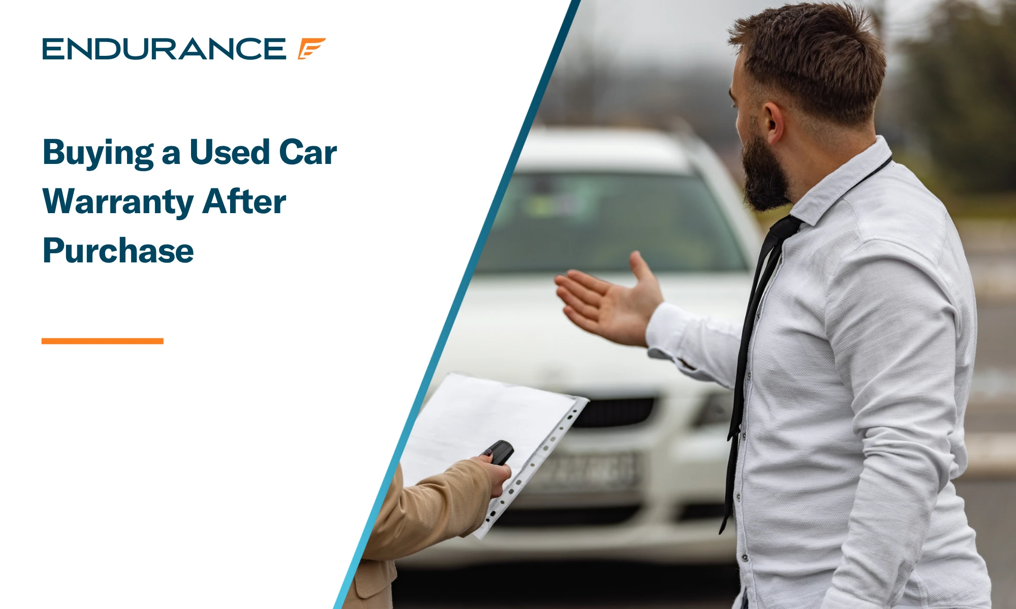 A car salesman with a buyer, buying a used car warranty after purchase